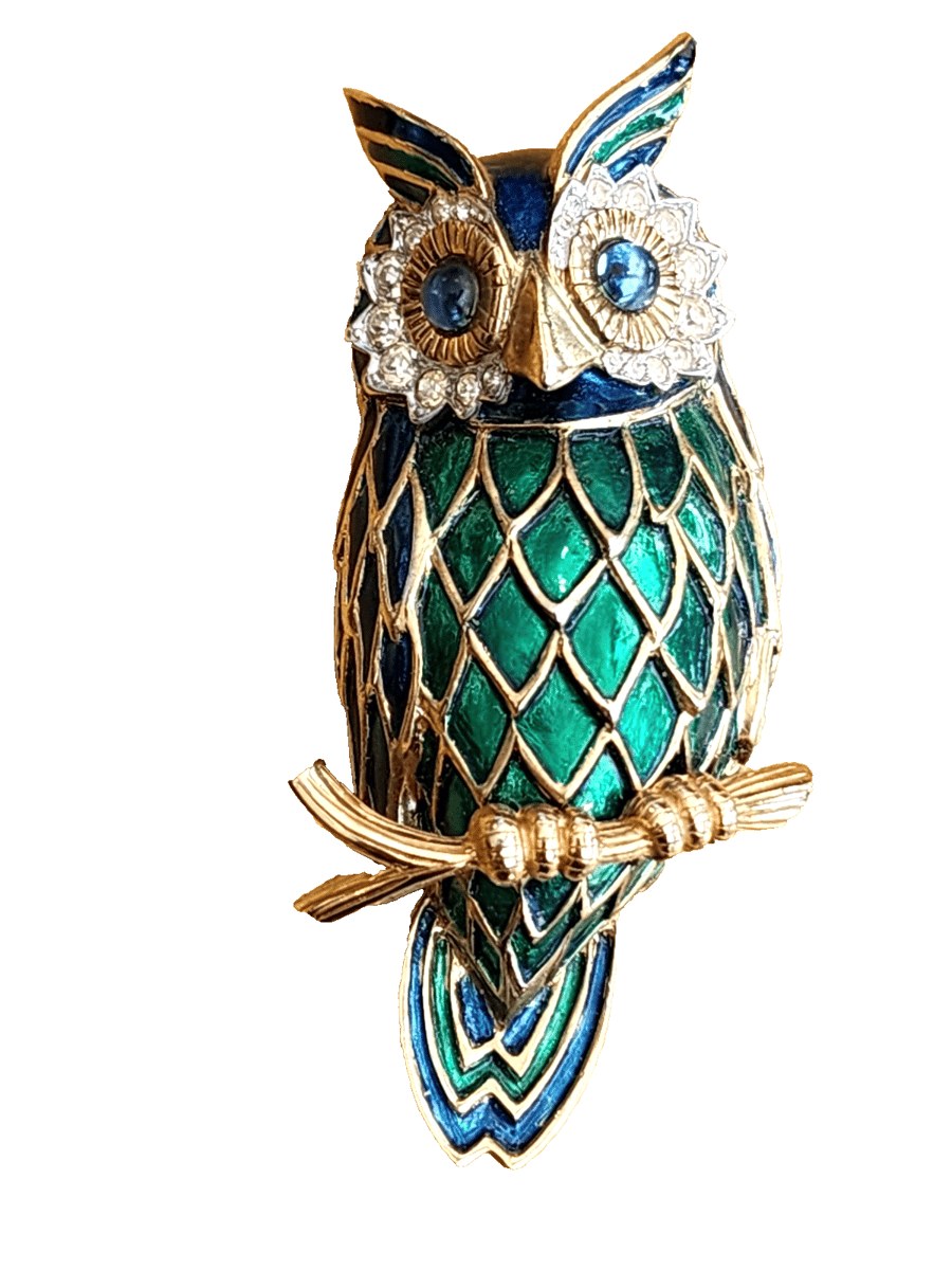 Jomaz Owl Brooch- Enamel - Green - Blue - Gold -Rhinestones 3” long, VERY COOL