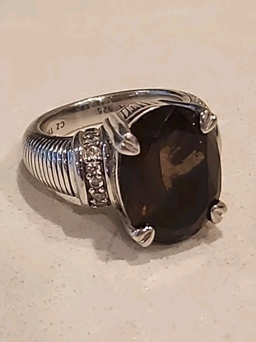 JUDITH RIPKA 925 STERLING SILVER RING SMOKY TOPAZ STONE SZ 6
