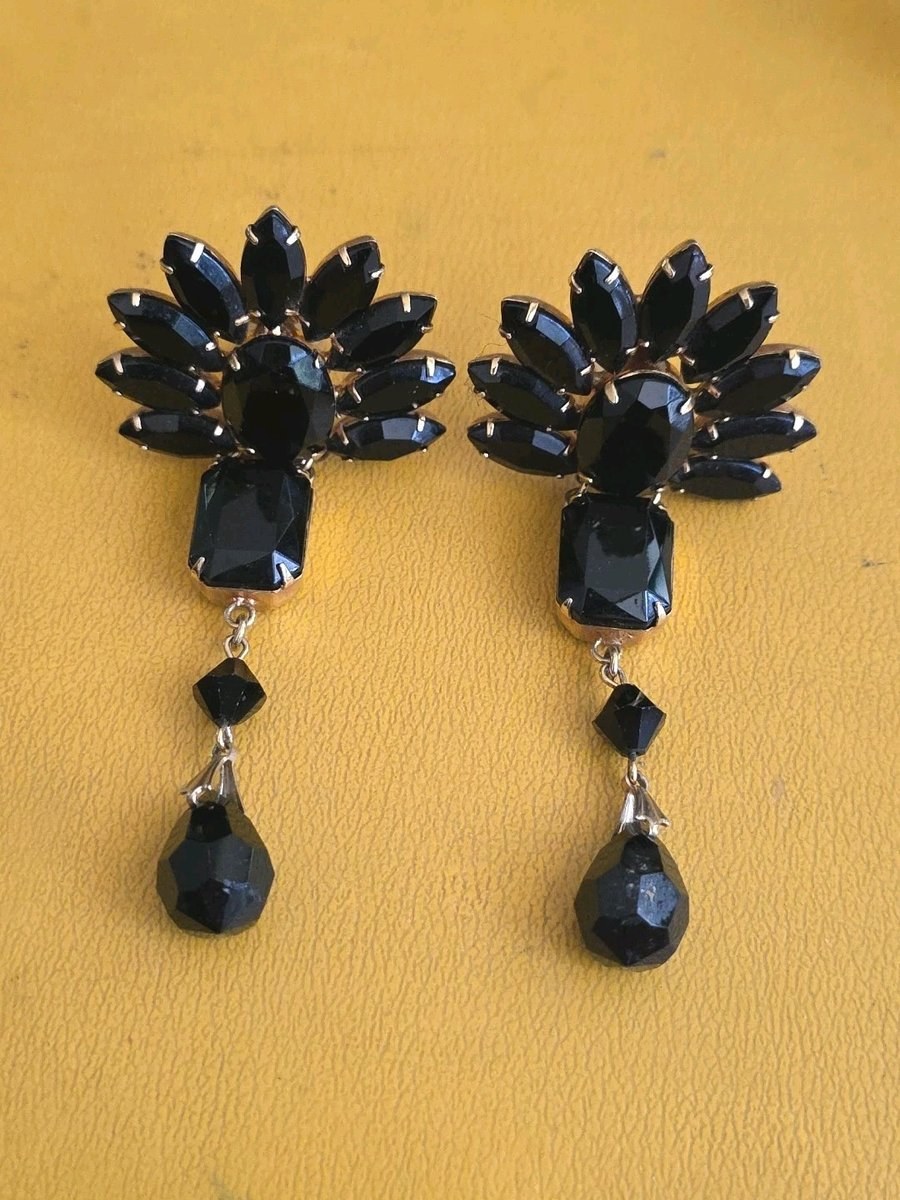 Kirk’s Folly Gold Plated Earrings Clip Black Crystal Runway Long 3.5” Vintage 