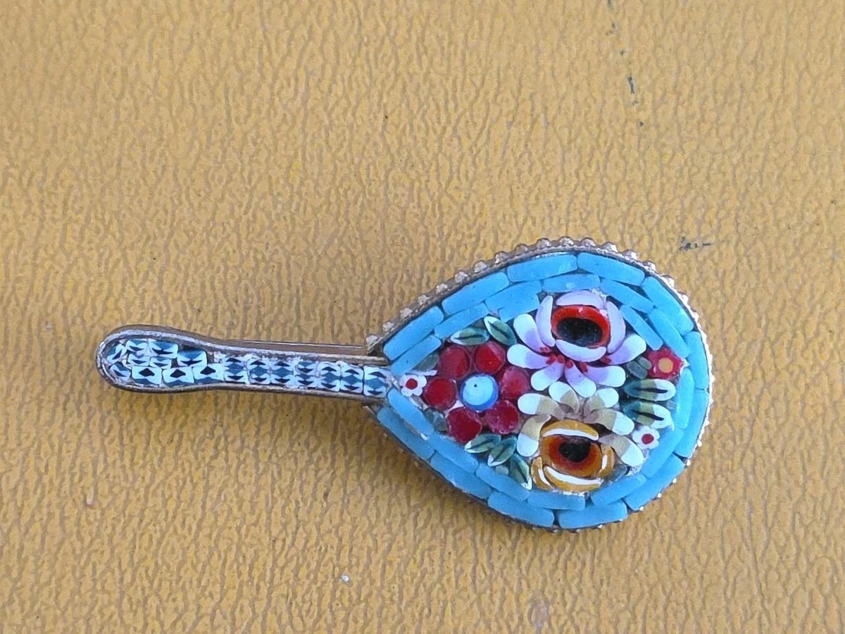 Large Rose Flower Micro Mosaic Brooch Mandolin Guitar Grand Tour Pin 