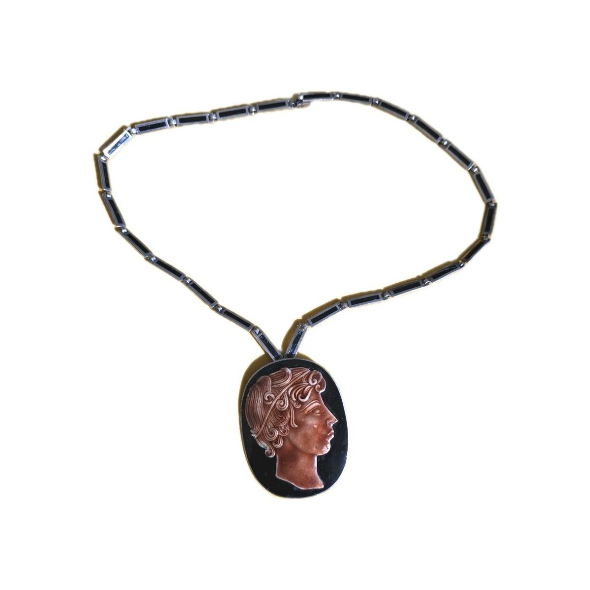MARGOT DE TAXCO ENAMELED ROMAN PENDANT BOOCH W/DETACHABLE 22" CHAIN 