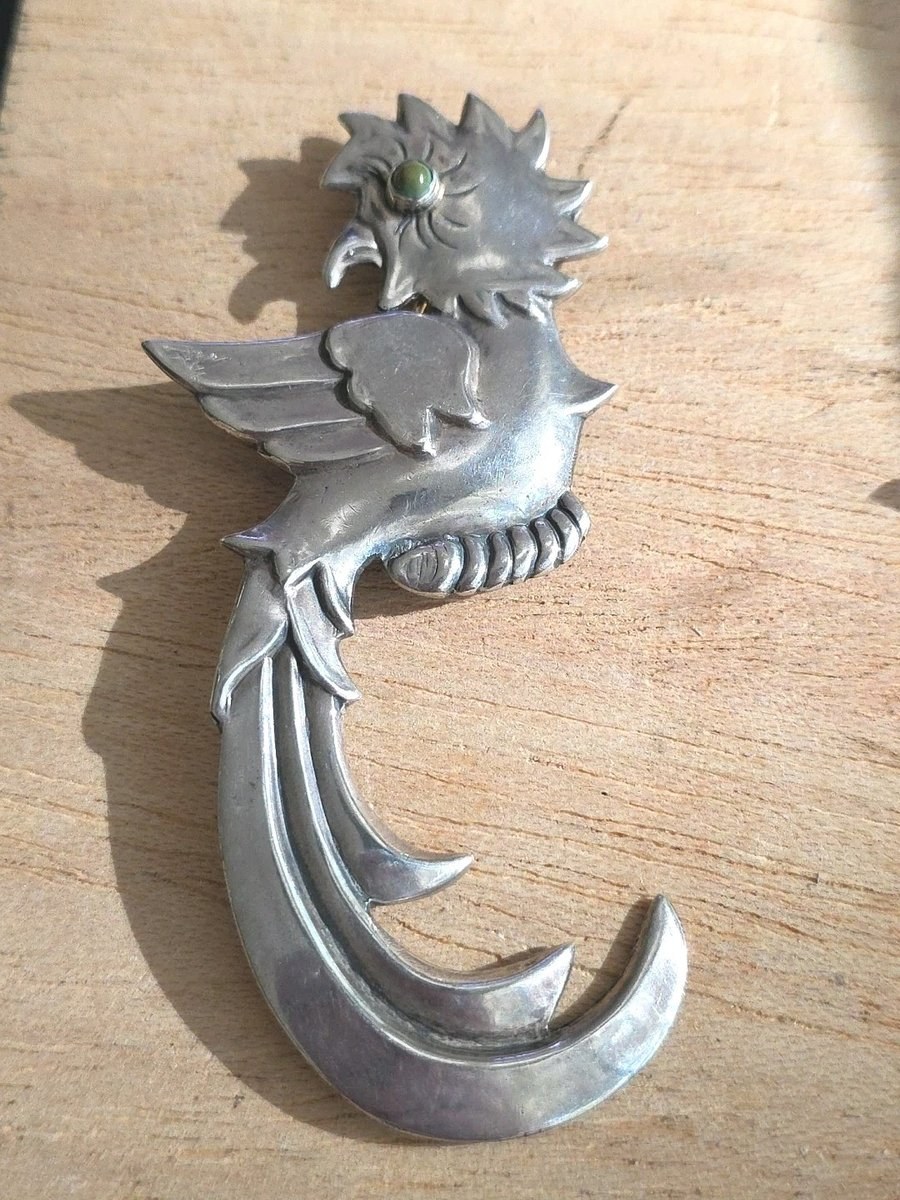 Mexican Sterling Silver Heraldic Quetzal Bird Phoenix Eagle Brooch Pin 3 1/2"