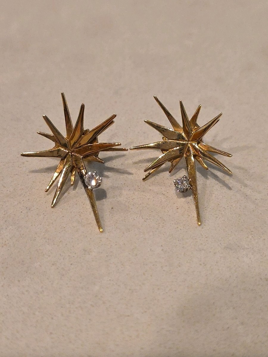 Midcentury 18k Yellow Gold Diamond Supernova Starburst Diamond Earrings 