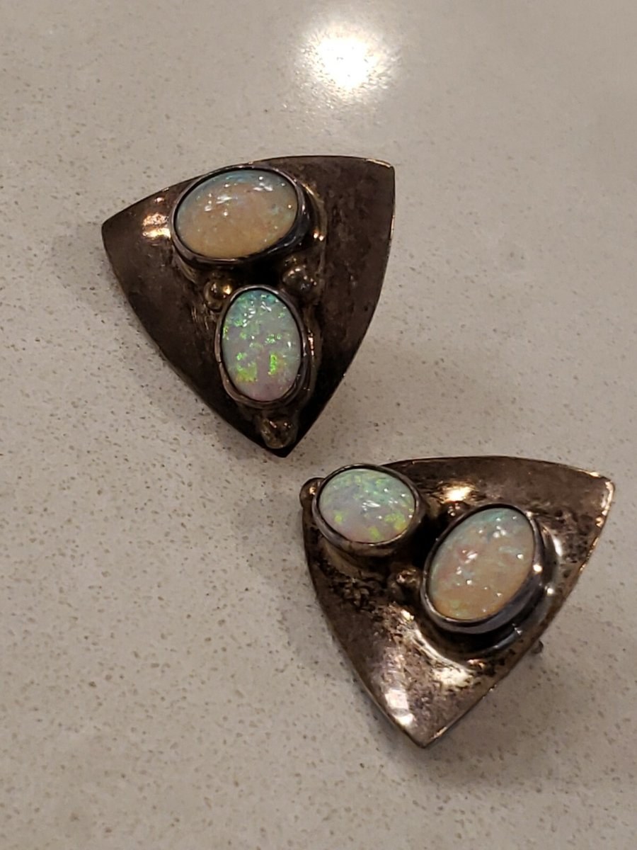 Midcentury Design Earrings Sterling Silver with Natural White Opal