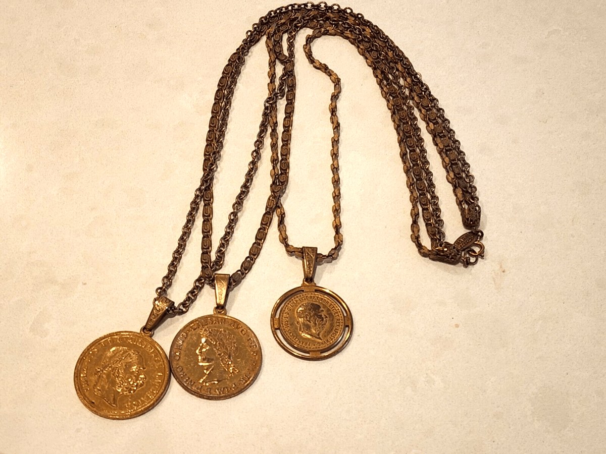 MIRIAM HASKELL European Double Sided Triple Coin Gold Tone Necklace SIGNED