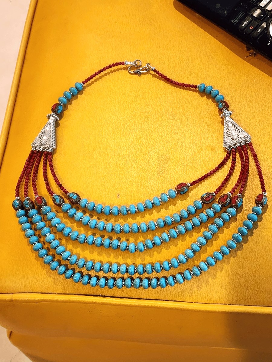 Multi Strand Tuquoise And Silver Native American Southwestern Necklace