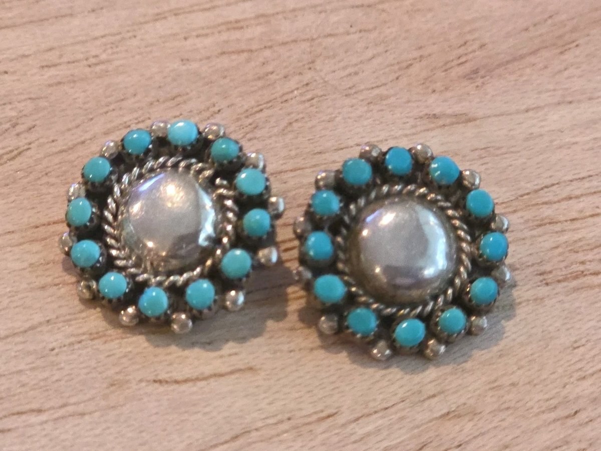 Native American Zuni Sterling Silver Turquoise Petit Point Flower Earrings