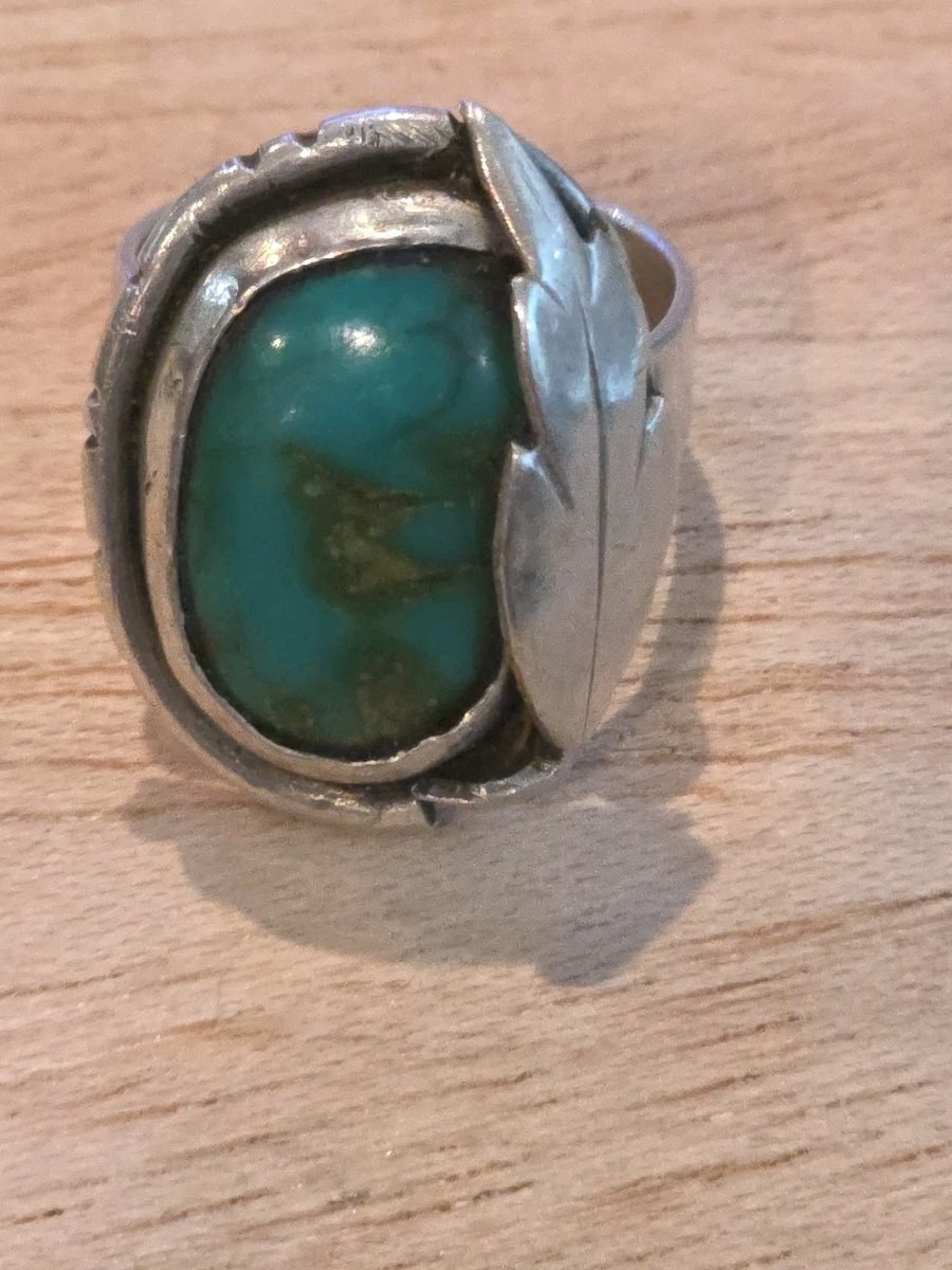 Navajo Sterling Silver Feather & Turquoise Ring SZ 8.75