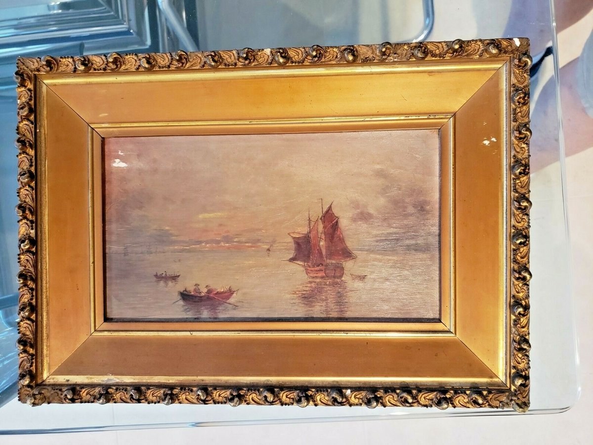 Old Frame and Seascape with Ships Scene O/B Art  12x10 
