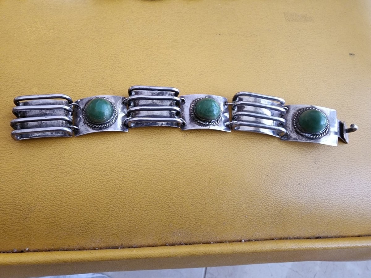 OLD MEXICO MEXICAN MODERN MODERNIST STERLING SILVER GREEN STONE BRACELET 7"