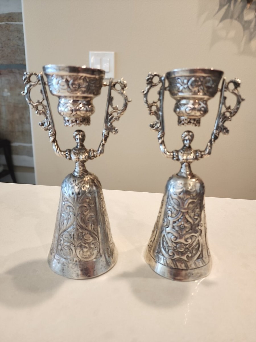 Pair Antique Wedding Cup Marriage Wager Figural 800 Silver Neresheimer & Sohne