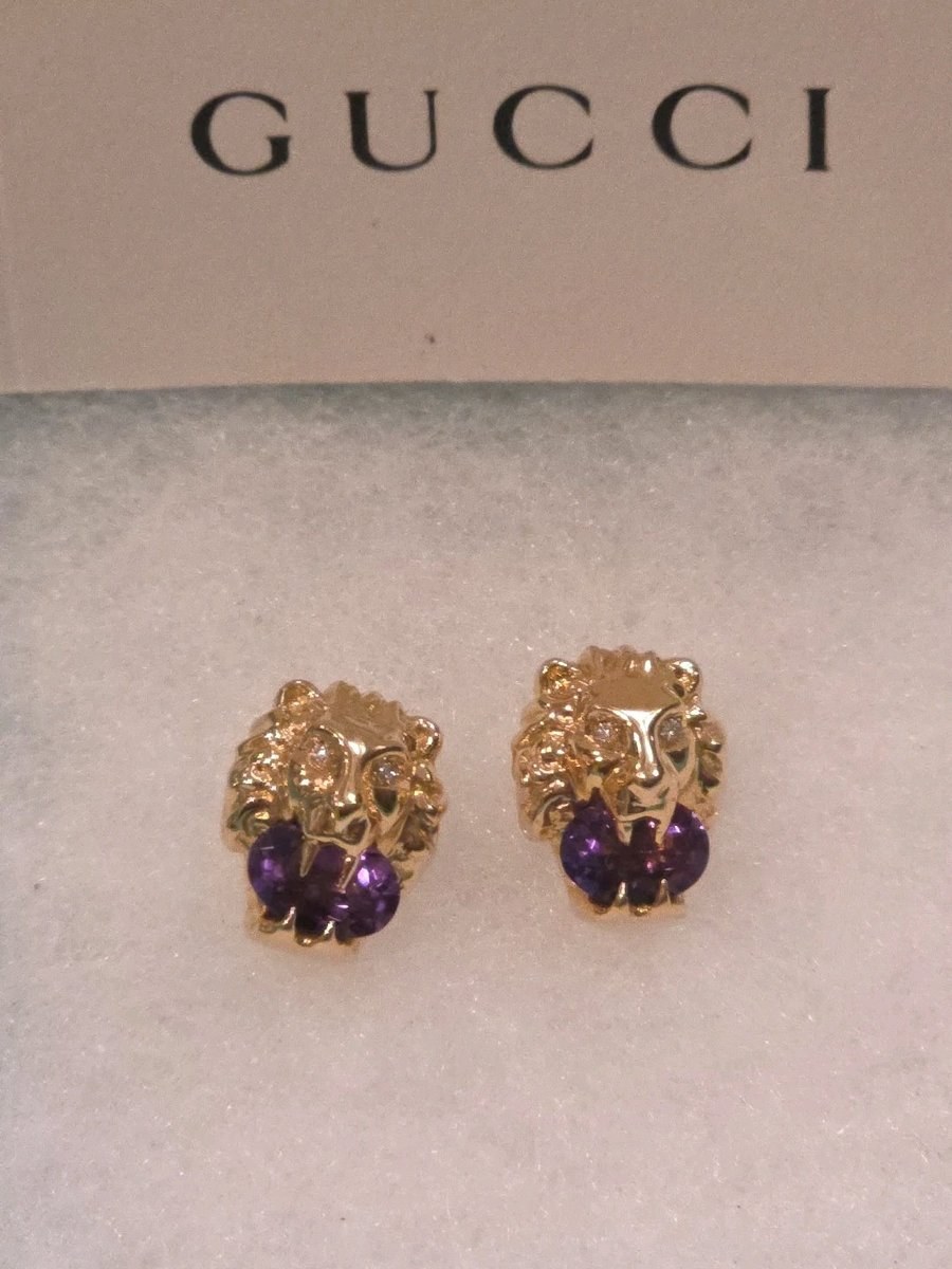 PETITE Gucci Lion Head 18K Gold, Amethyst & Diamond Earrings 