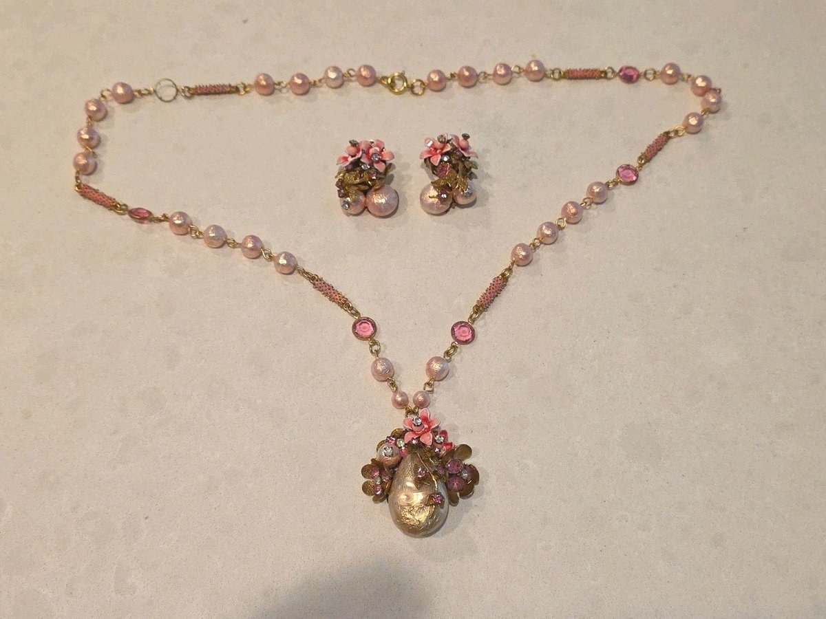 Rare Unmarked Mariam Haskell Pink & Pearl Ornate Classic Necklace & Earrings Set