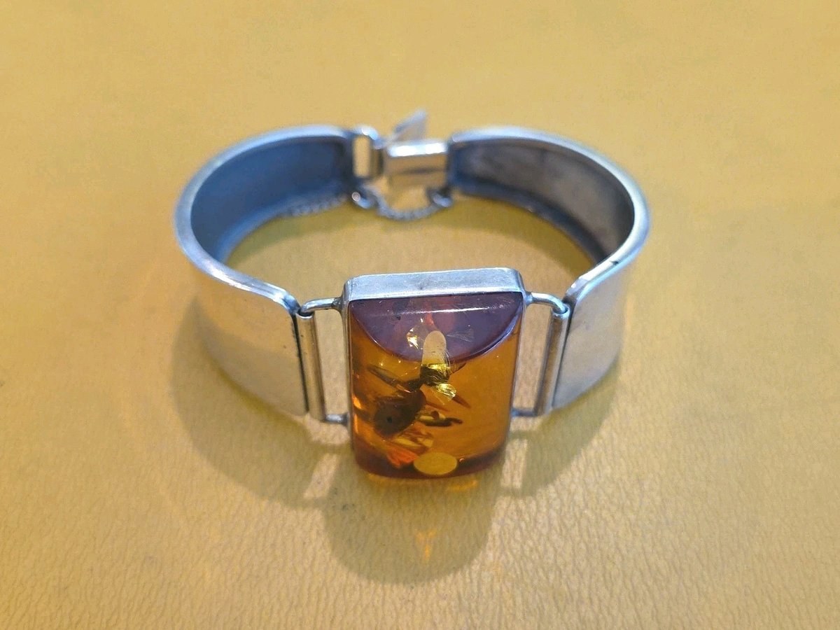 Signed LK 925 Silver Cognac Amber Cuff Bangle Bracelet