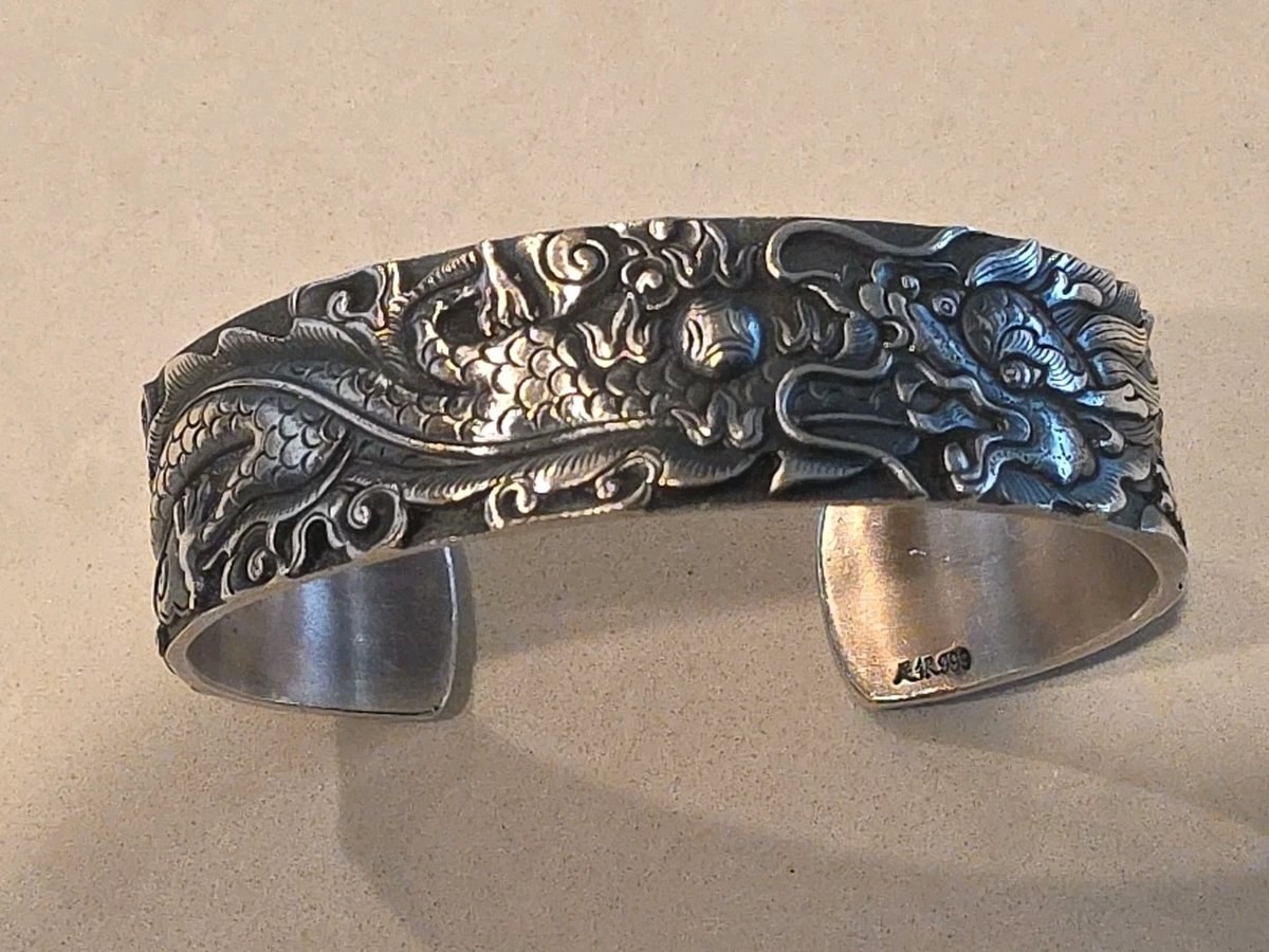 Solid S999 Fine Silver 999 Bracelet Men Women 1" W Dragon Open Bangle 