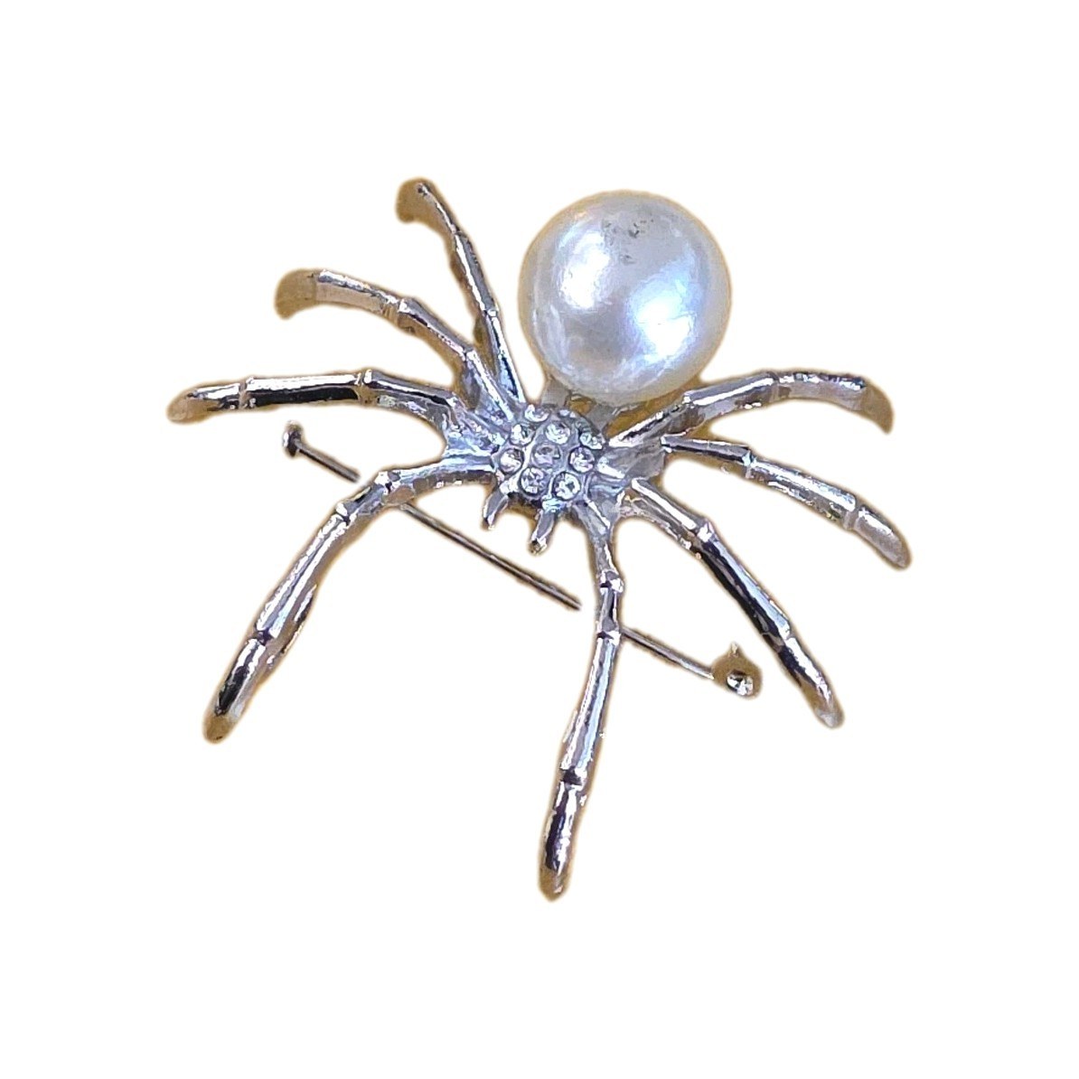 Spider Silver Tone Brooch Faux Pearl Rhinestones Fashion Jewelry Pin Halloween