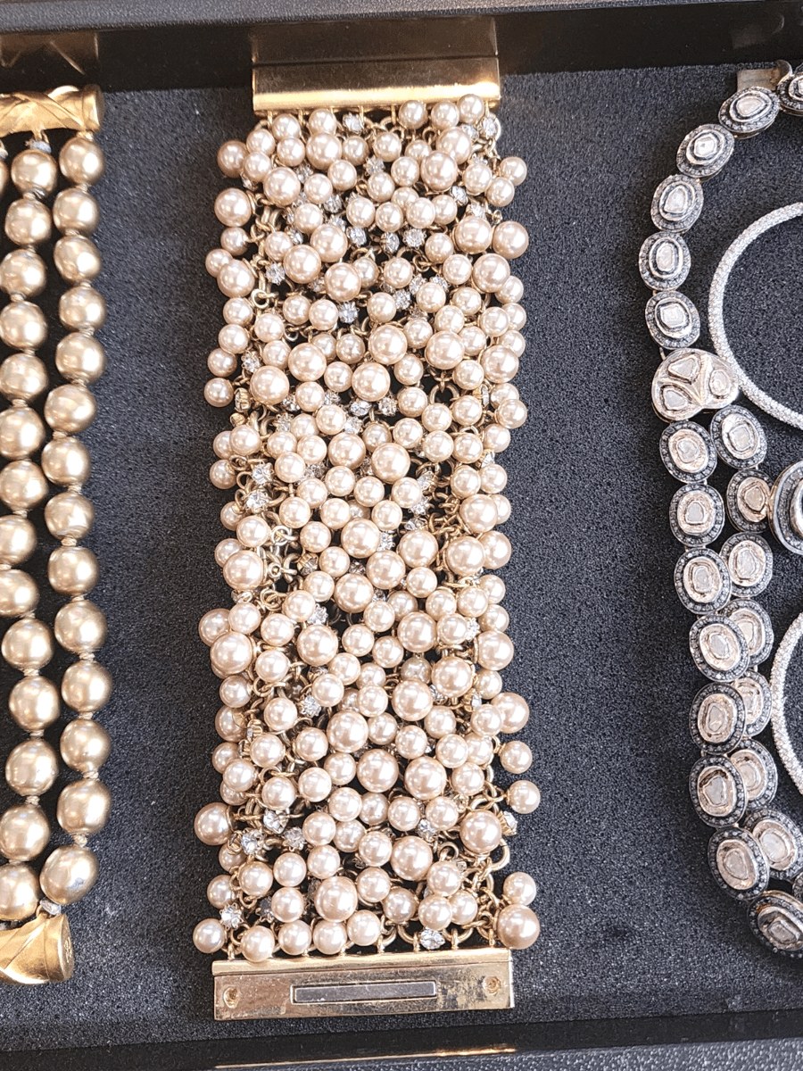 STELLA & DOT Faux Pearl & Crystal Braided Chain  Tone Bracelet