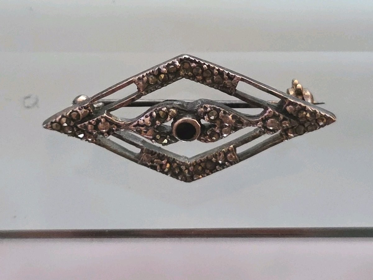 Sterling Silver Black Onyx Marcasite Pin Brooch Art Deco
