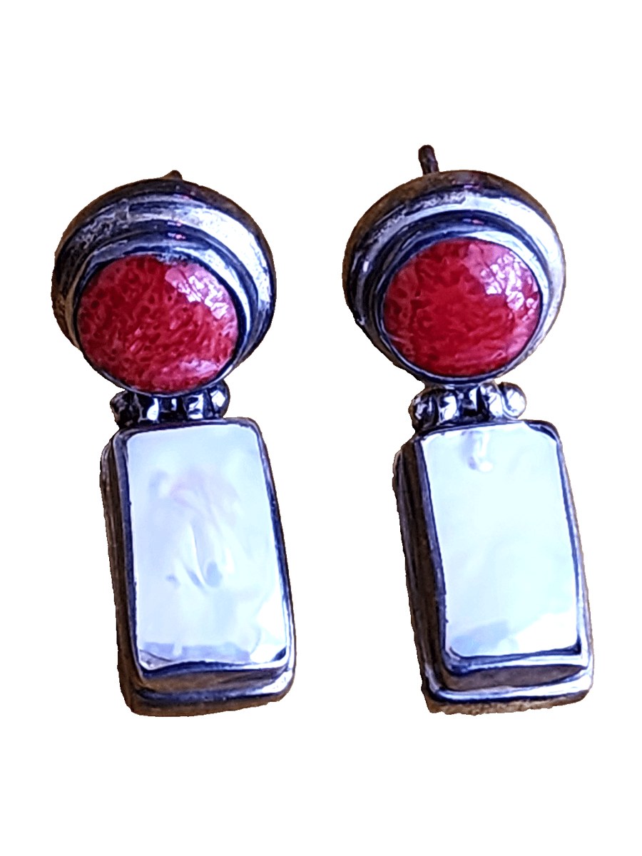 Sterling Silver Coral & Mother Of Pearl Earrings