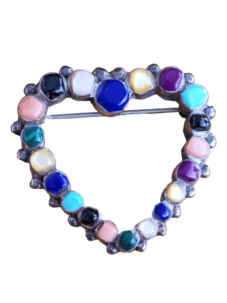 Sterling Silver Heart Pin Brooch Cluster Gemstone Southwest Design Large Bright