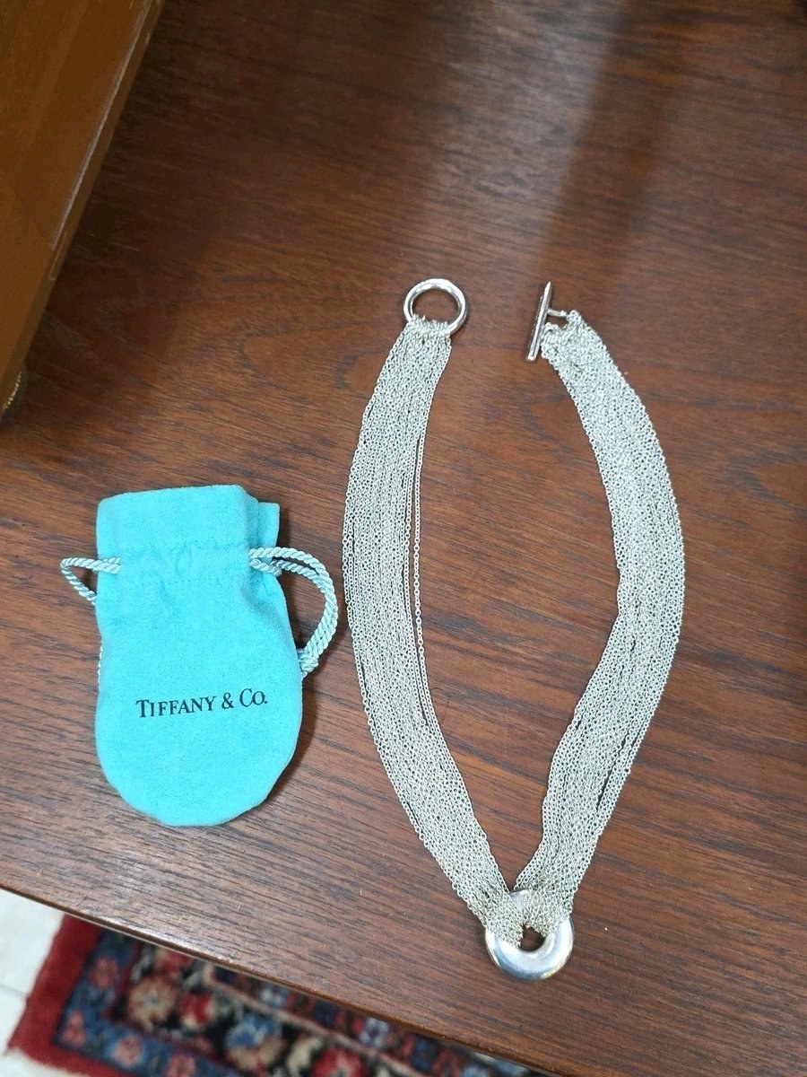  Tiffany & Co Sterling Silver Multi Strand Mesh Circle Round Toggle Necklace