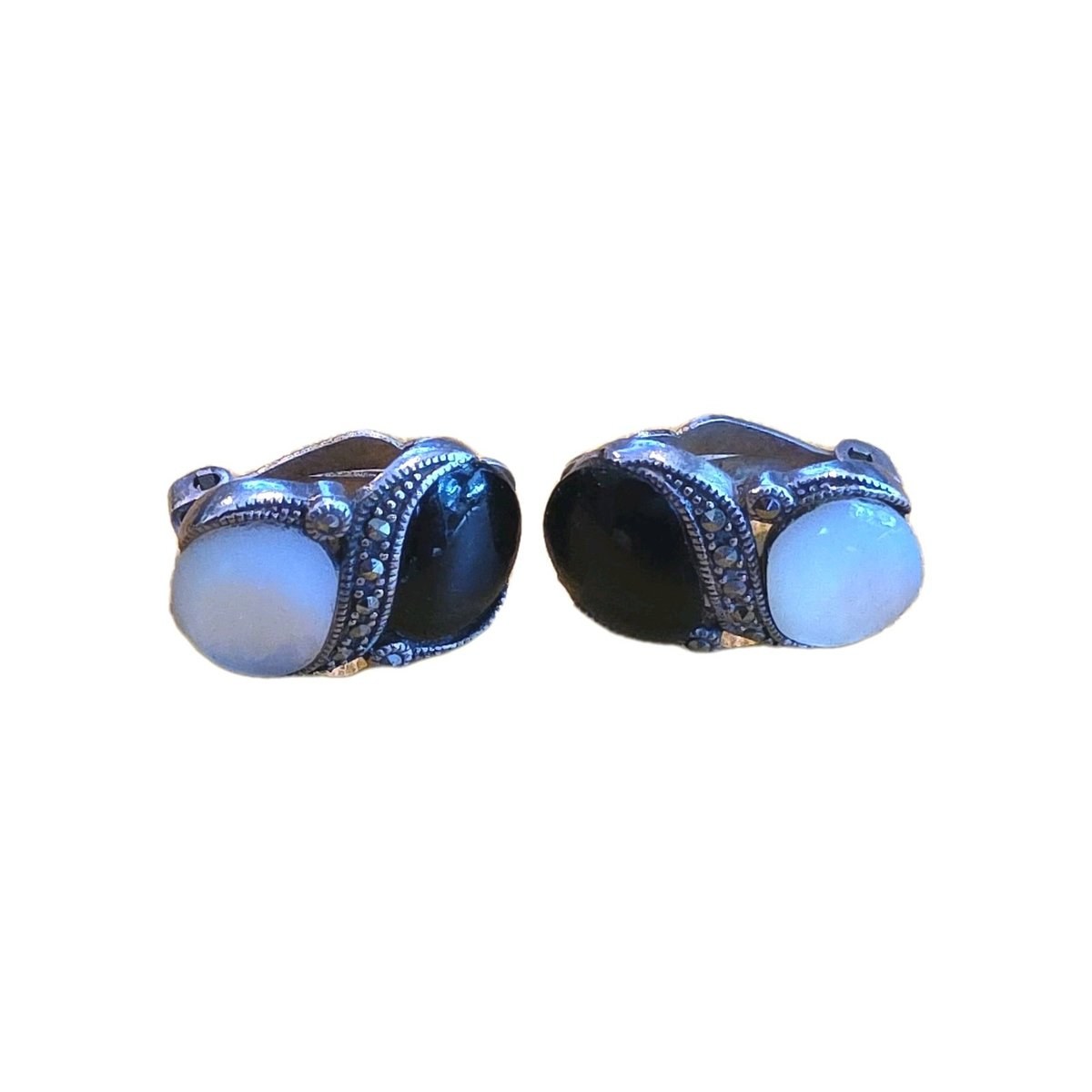 Tori Hill Genuine Sterling & Marcasite Black Onyx MOP Earrings 