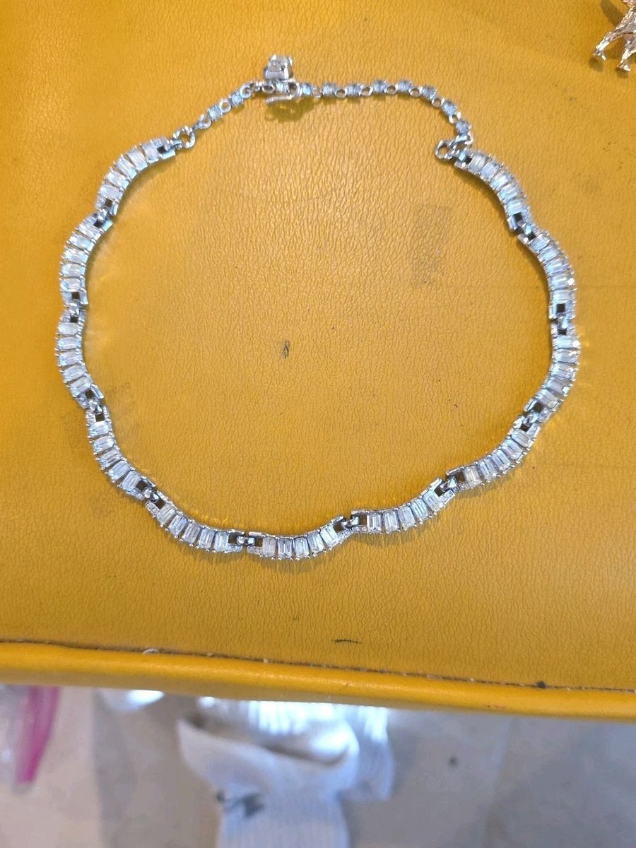TRIFARI Signed Vintage MCM Baguette Rhinestone Choker Necklace Silver Tone 