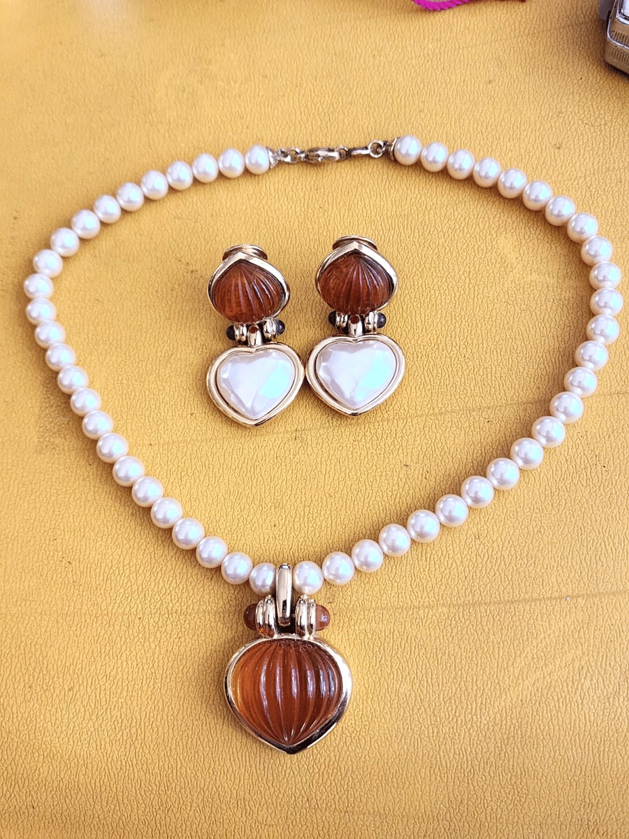 Ultima Edizione Vintage Pearl And Faux Carnelian Necklace & Earring Set