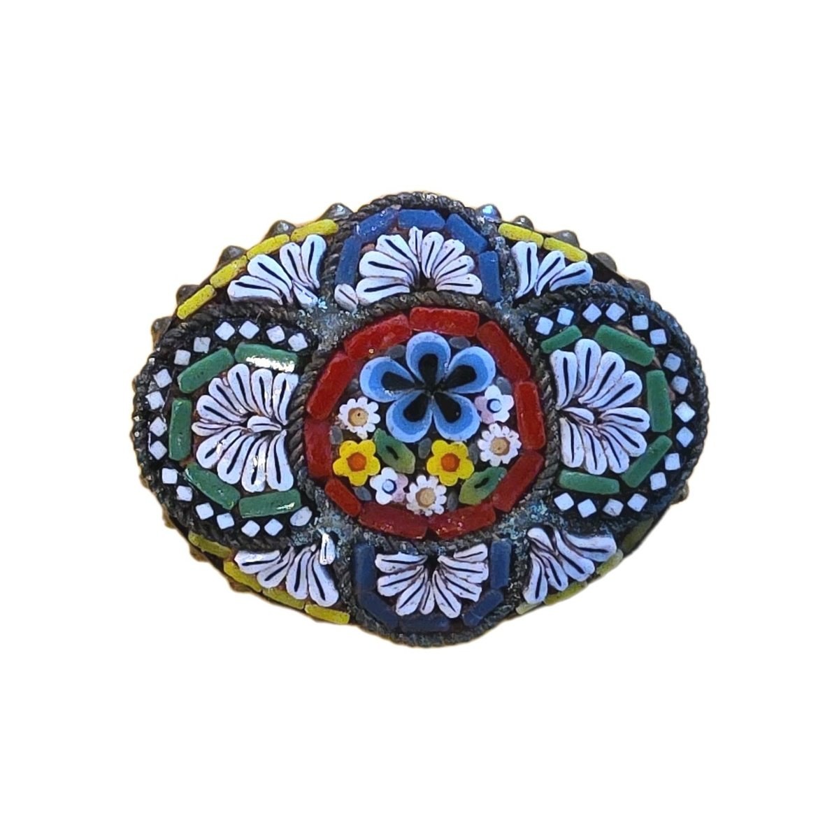 Vintage 1950's Italy Souvenir MICRO MOSAIC OVAL FLORAL BROOCH Pin EXCELLENT