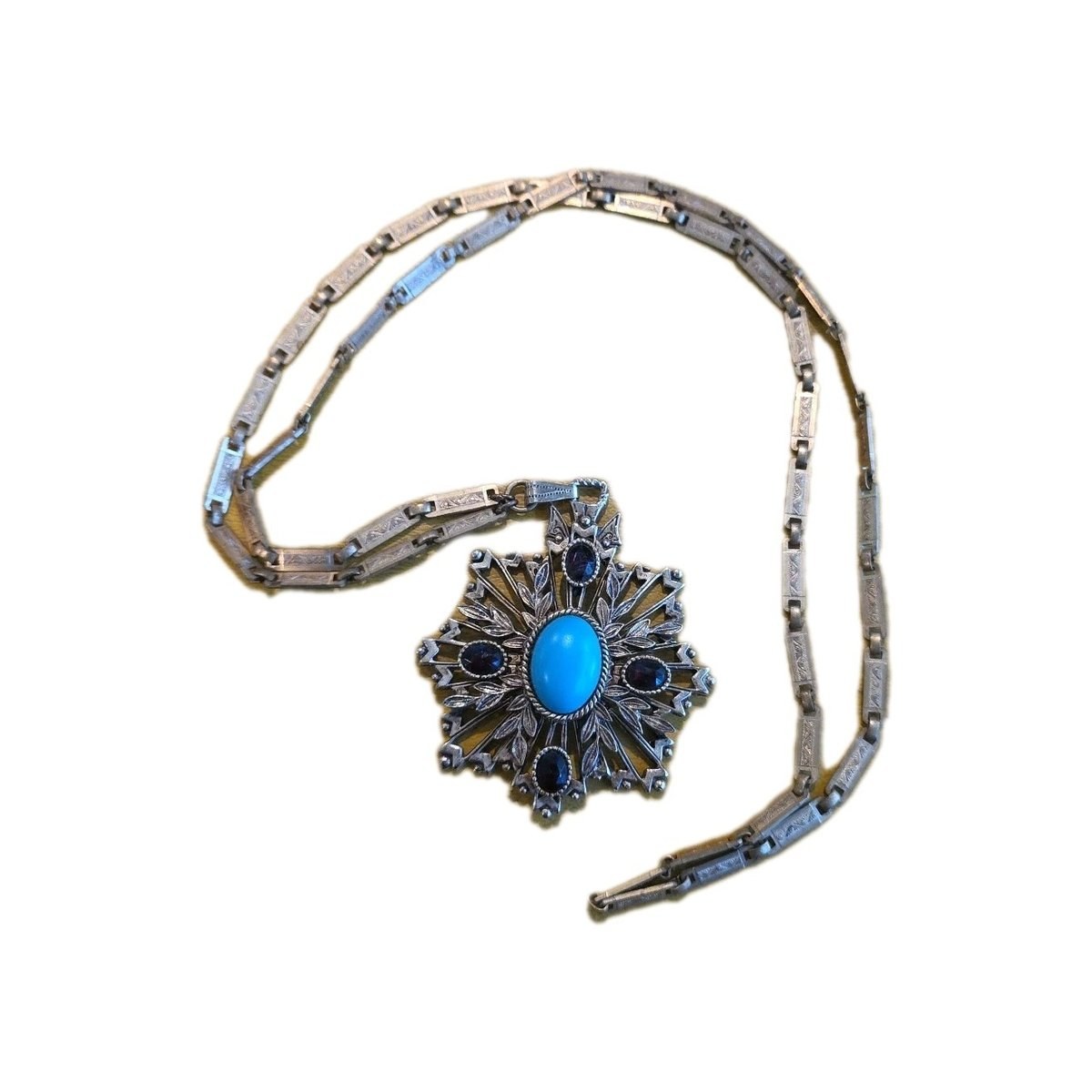 Vintage 1960 Florenza Gold Tone Signed Faux Turquoise Ruby Pendant Necklace