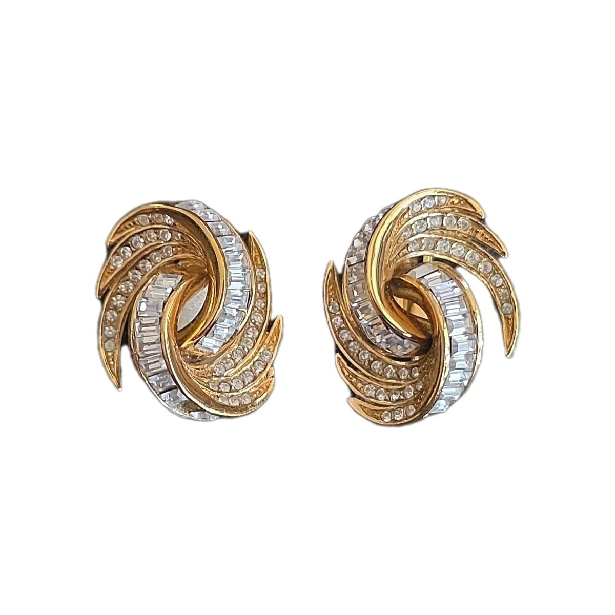 Vintage Art Deco 1980s Attwood Gold Plated Crystal Earring Clip On Signed A&S