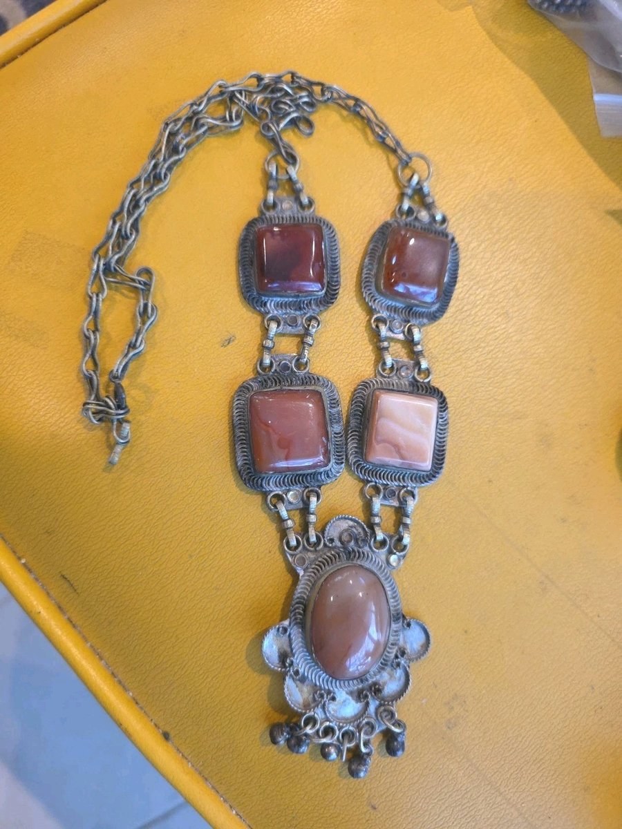 Vintage Art Deco Semi Precious Stones Metal Choker Necklace