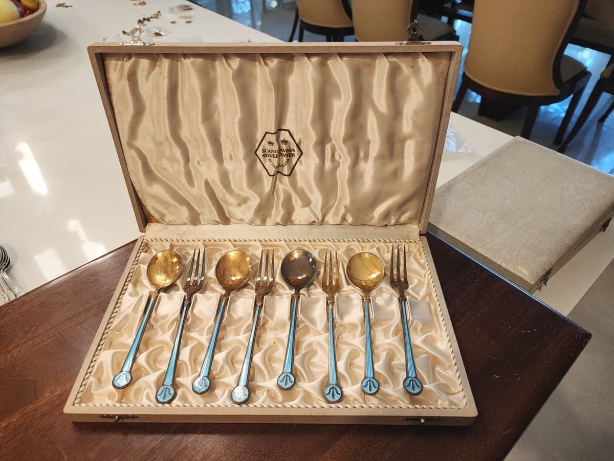 Vintage David Andersen Norway Sterling Silver & Enamel Fork & Spoon Set