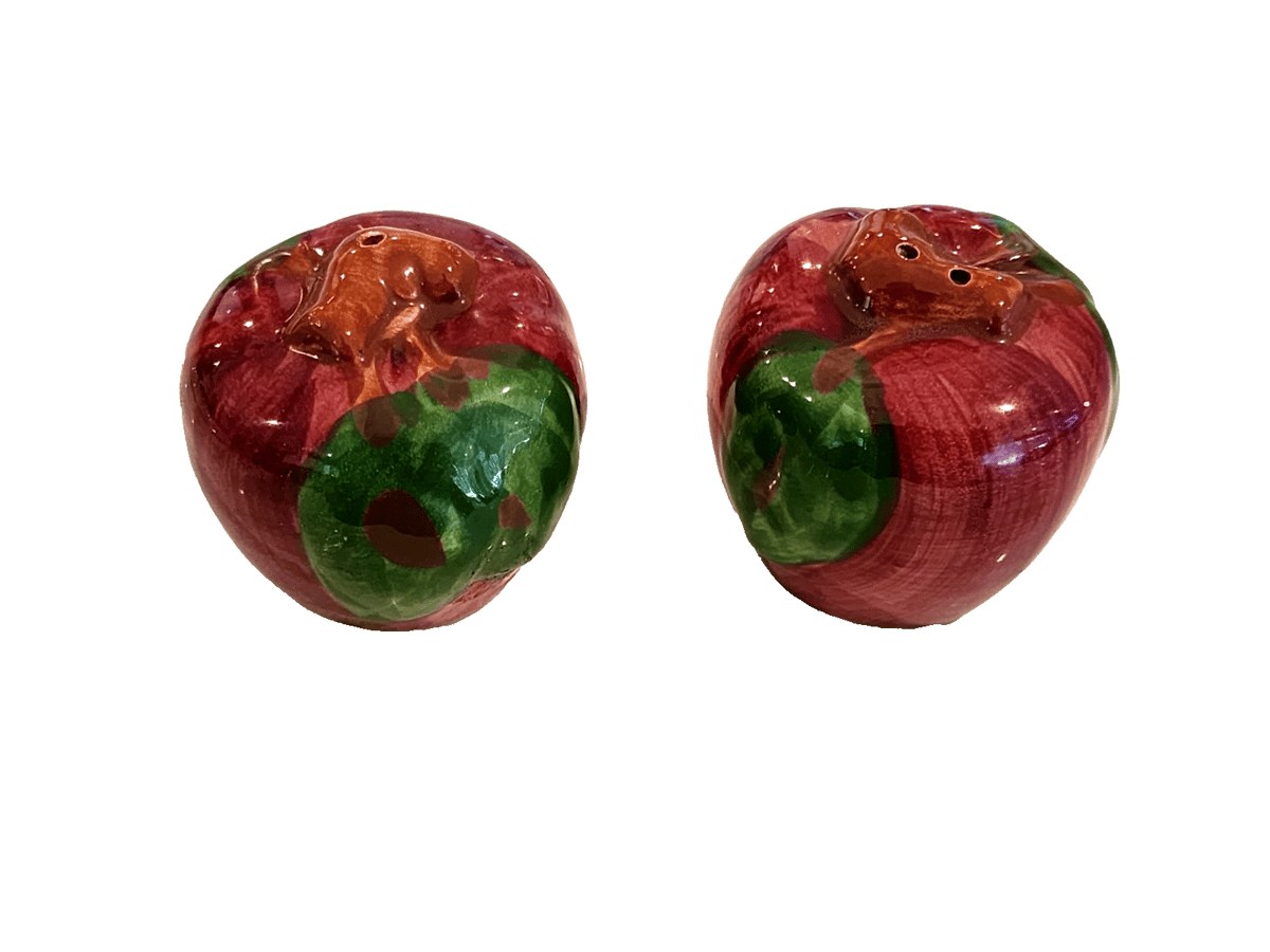 Vintage Franciscan Apple Shaped Salt & Pepper Shakers, Hand Painted , Made in US