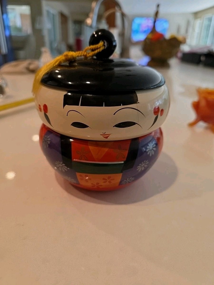 Vintage Japanese 2 Part Lacquer Figural Kokeshi Doll Bento Box Hand Painted 5”
