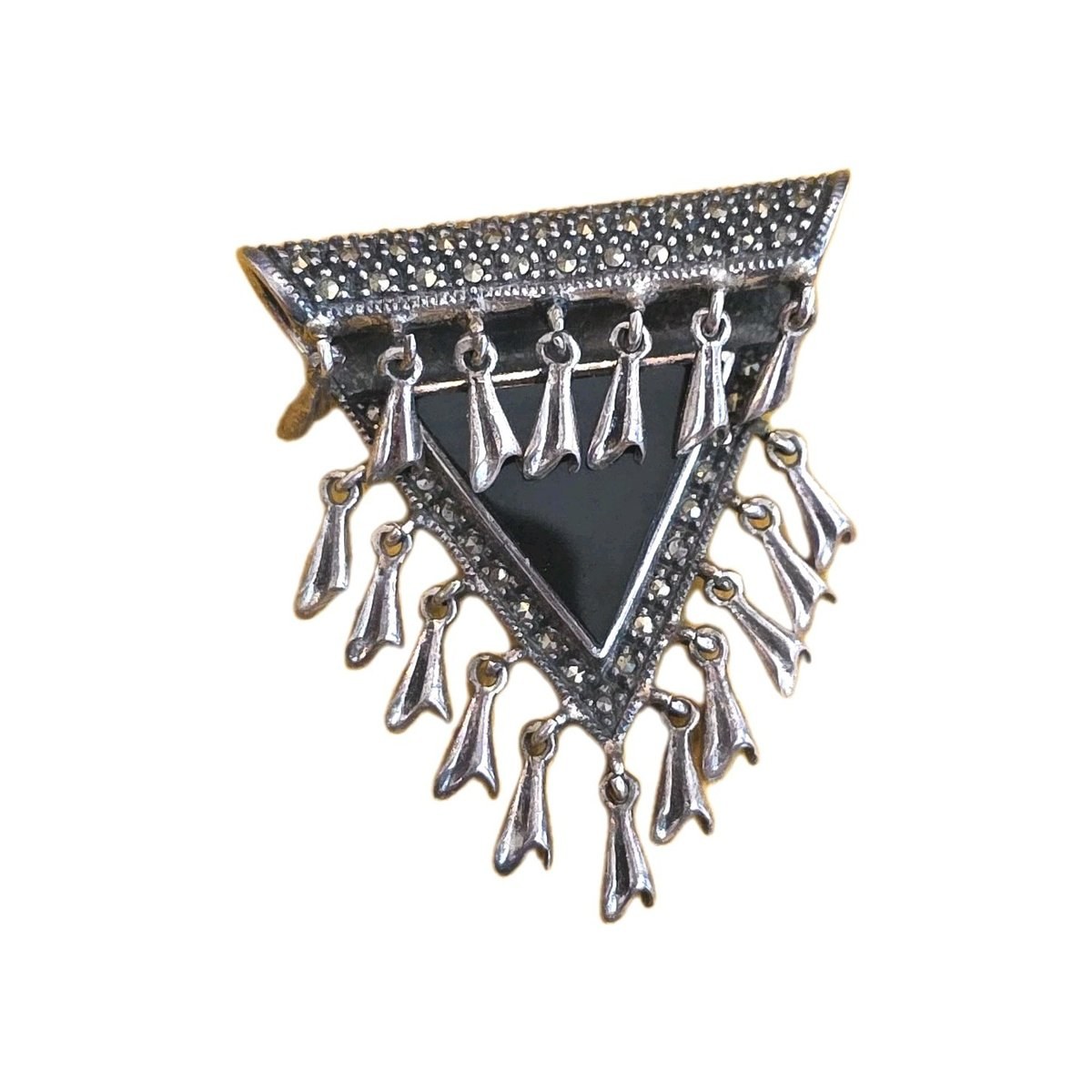 Vintage JUDITH JACK Marcasite Sterling Silver Black Onyx Dangle Brooch 