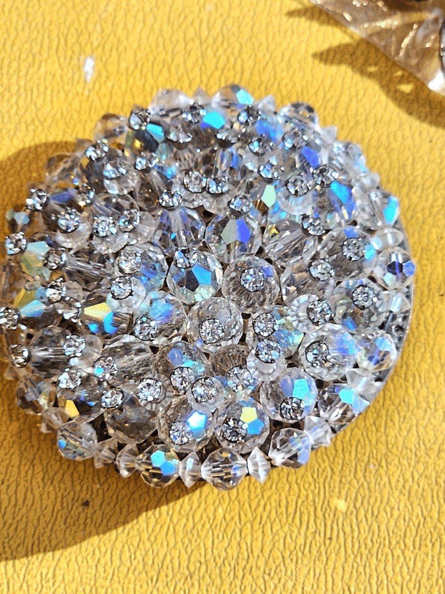 Vintage Large Round Clear Aurora Borealis Rhinestones Silver Tone Pin Brooch