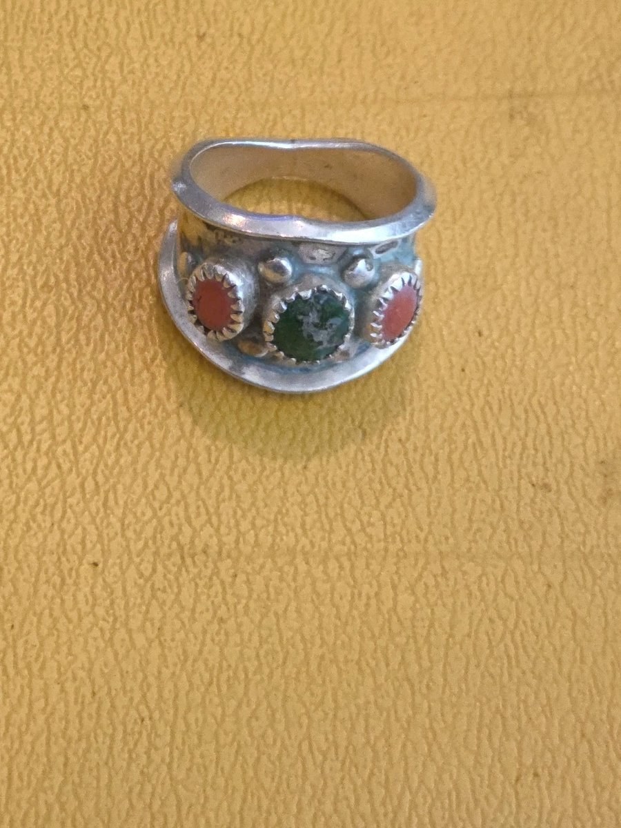 Vintage Navajo Sterling Silver & Turquoise Cigar Ring Size 8.5