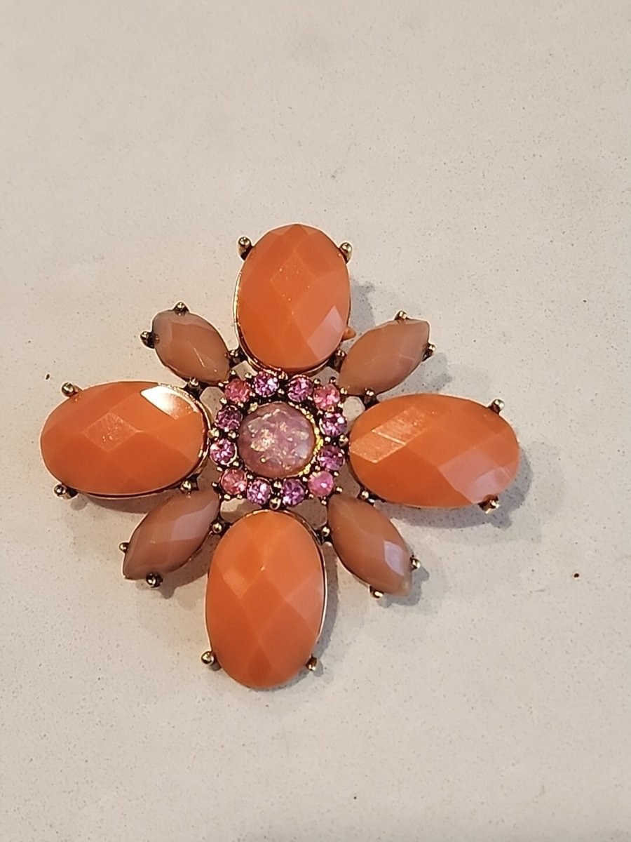 Vintage Pink Acrylic & Rhinestone Flower Brooch