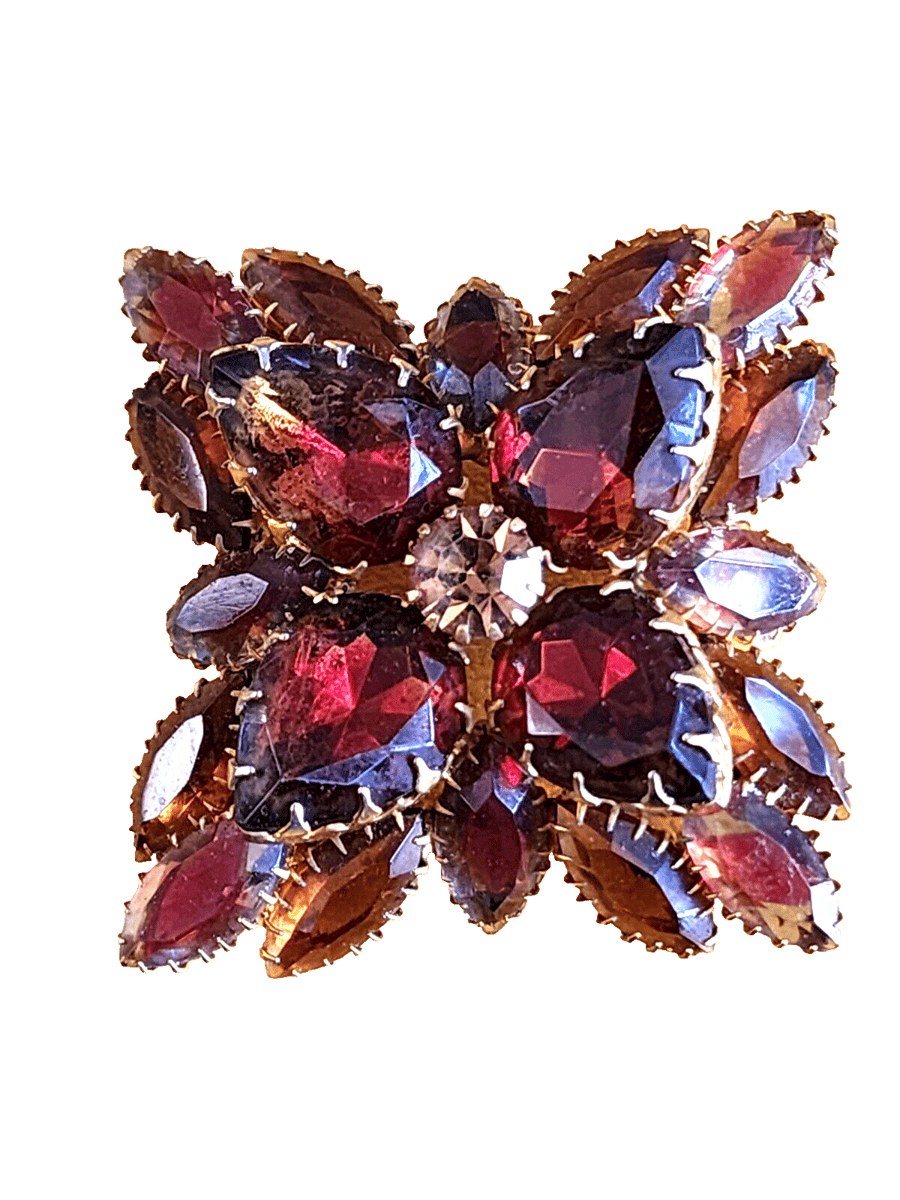 Vintage Root Beer Brown Rhinestone Crystal Brooch Gold Tone Layered