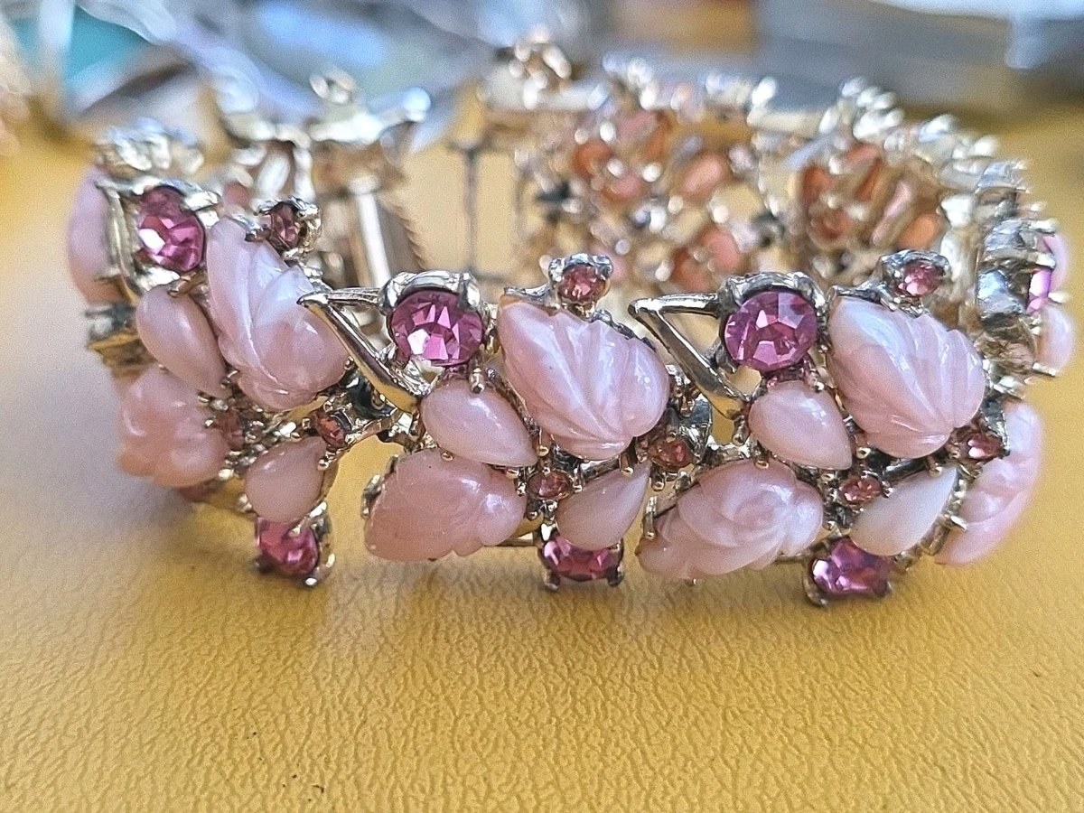 Vintage Rousseau Pink Resin Leaf Rhinestone Bracelet