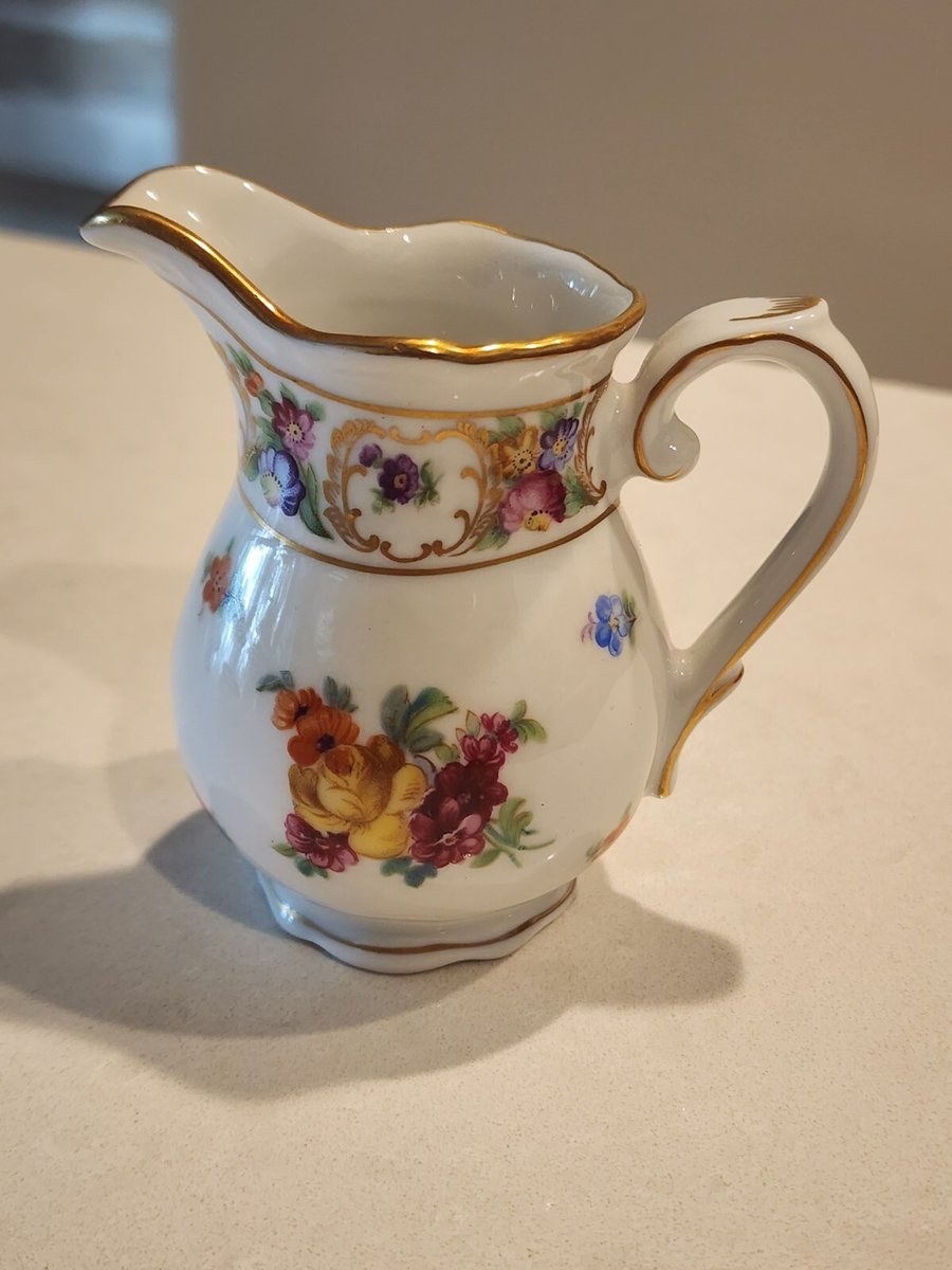 Vintage Schumann Bavarian DRESDEN LINE Flowers Gold Gilt Pitcher Creamer 3 3/8"