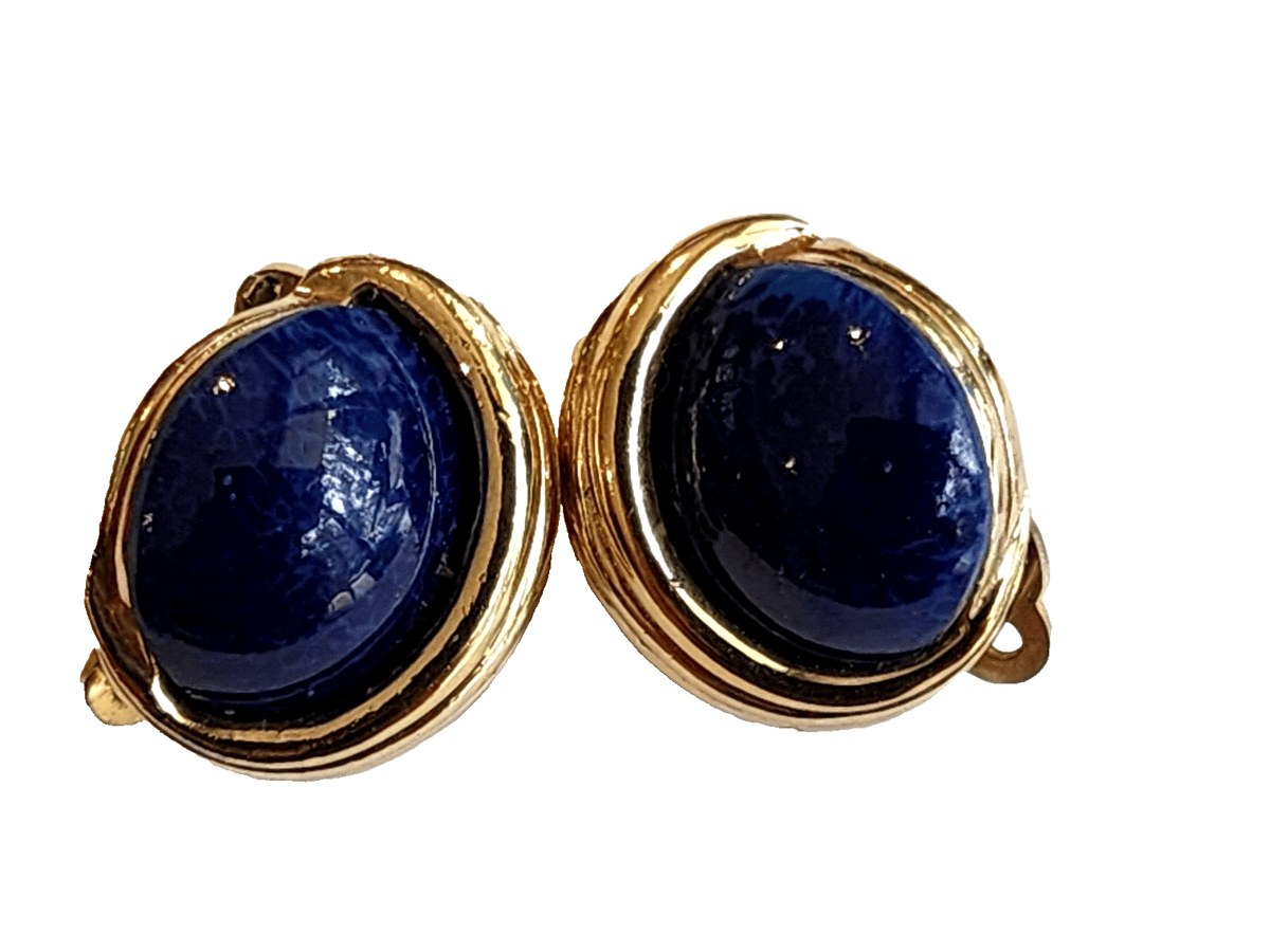 VINTAGE SIGNED PANETTA FAUX LAPIS LAZULI GLASS CABOCHONS MODERNIST EARRINGS
