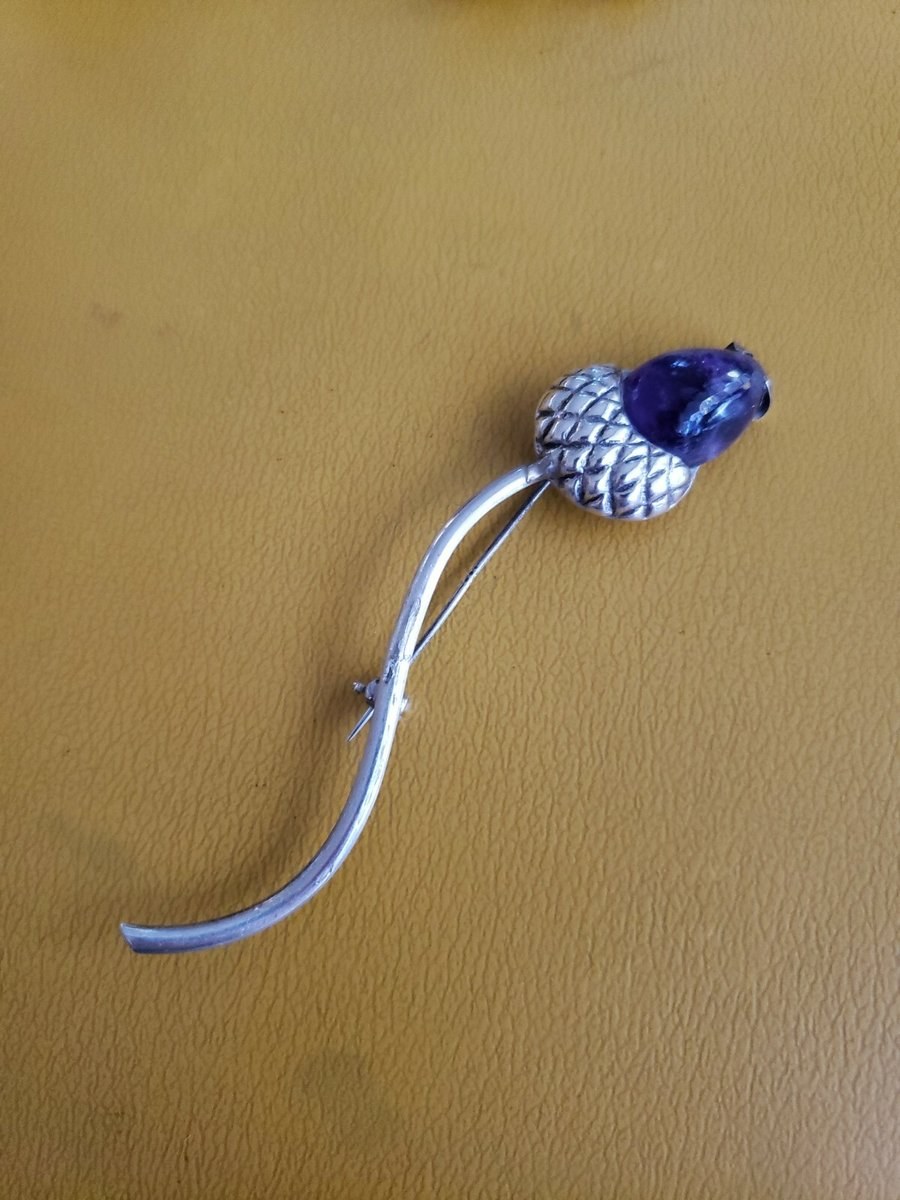 Vintage Sterling Silver Acorn Pin with Amythyst Acorn