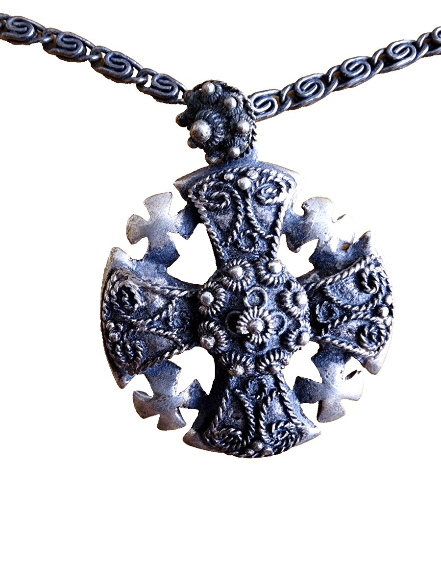 VIntage Sterling Silver Ornate Bethlehem Cross Pendant With Handmade Cross Chain