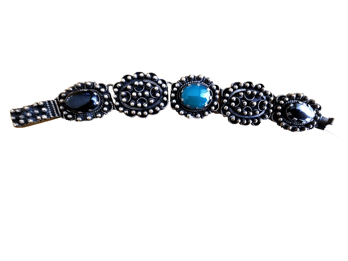 Vintage Sterling Silver Stone Floral Etruscan Links Bracelet