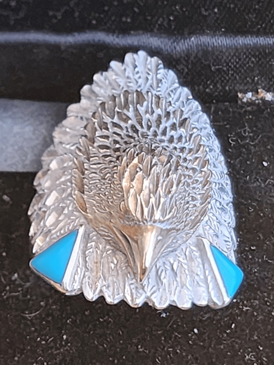 Vintage Ted Ott Sterling Silver & Turquoise Eagle Ring Size 12