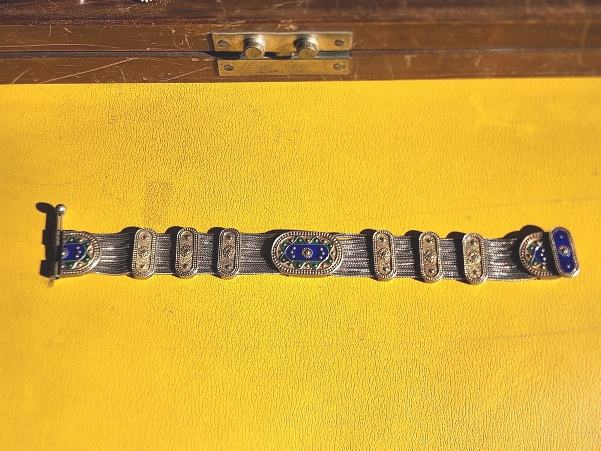 Vintage Turkish 925 Sterling Enamel and Foxtail Chain Bracelet Anatoli Signed