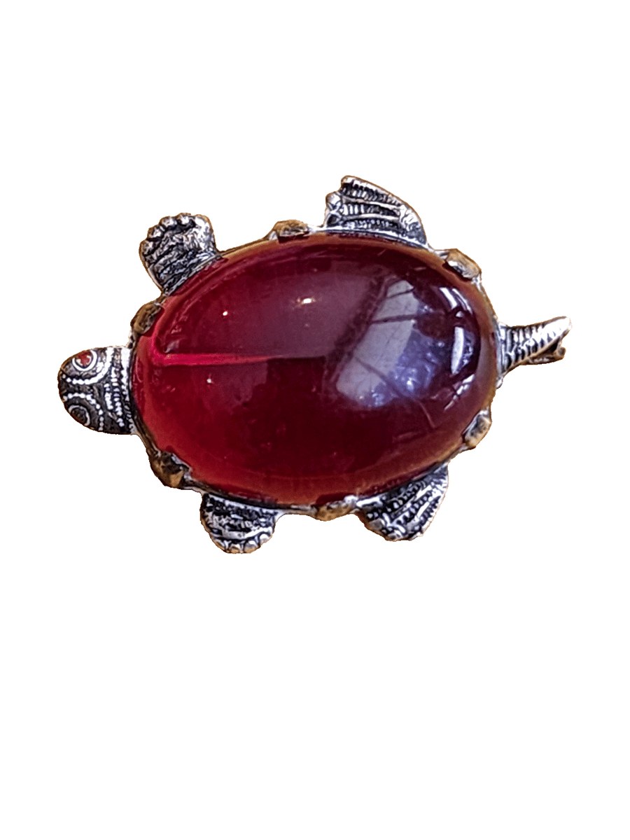 Vintage Turtle RED JELLY BELLY Lucite with Red Eyes Brass Tone Brooch Pin - 1" L
