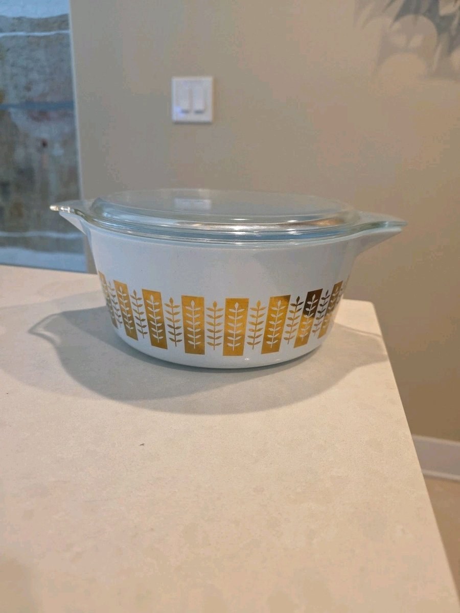 Vtg 1961 Pyrex 475-B Gourmet Gold Blue Casserole Dish 2.5qt 